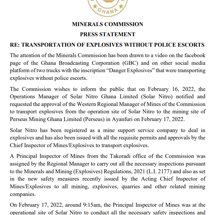 Minerals Commission Press Statement – Transportation Of Explosives Without Police Escorts.