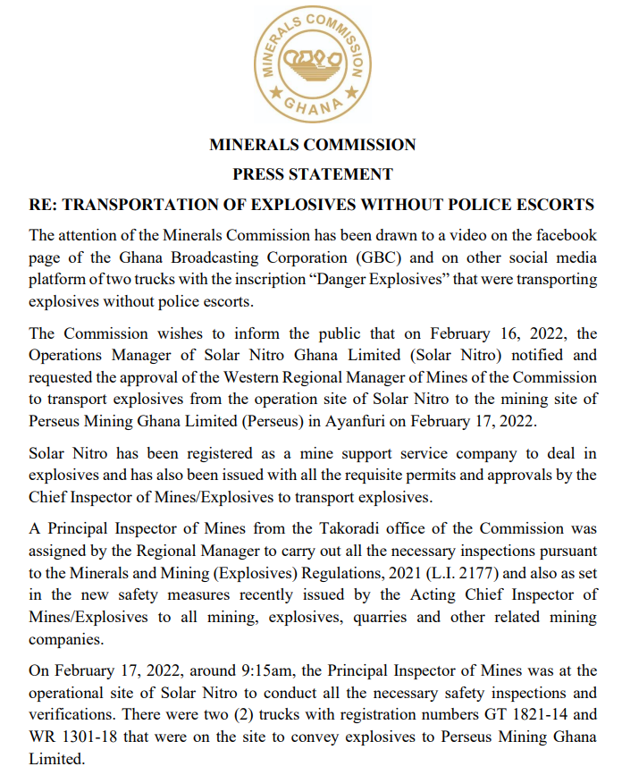 Minerals Commission Press Statement – Transportation Of Explosives Without Police Escorts.