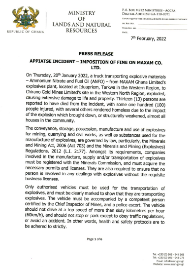 PRESS RELEASE APPIATSE INCIDENT – IMPOSITION OF FINE ON MAXAM CO. LTD.