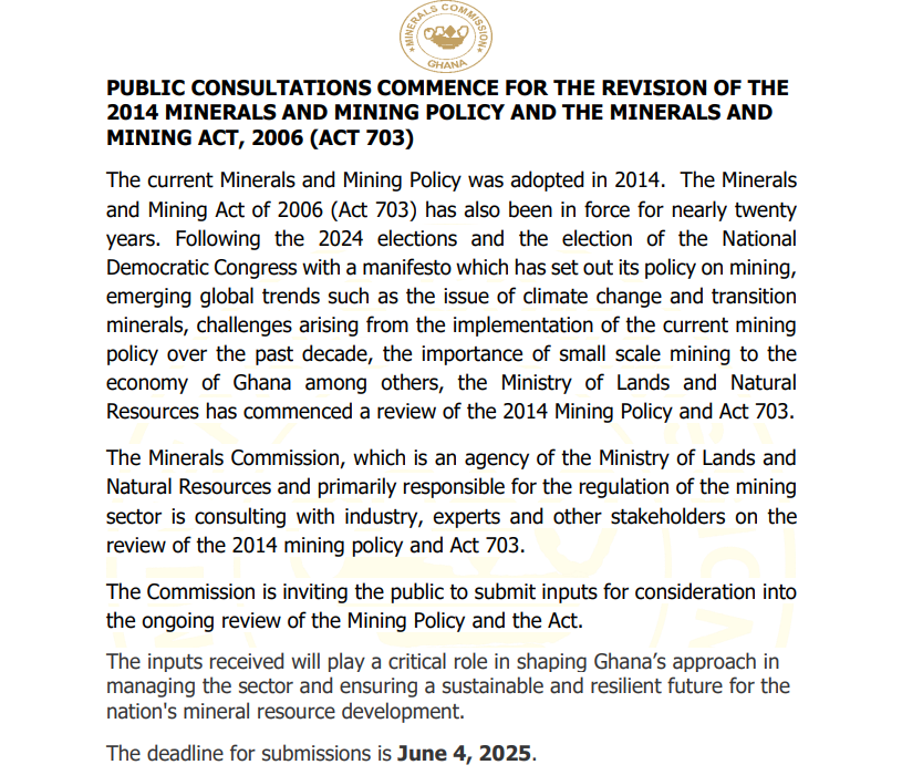 Public Consultations Commence for The Revision of the 2014 Minerals and Mining Policy and the Minerals and Mining Act, 2006 (Act 703)