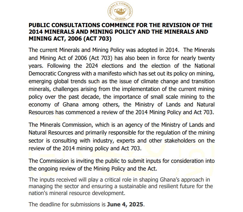 Public Consultations Commence for The Revision of the 2014 Minerals and Mining Policy and the Minerals and Mining Act, 2006 (Act 703)