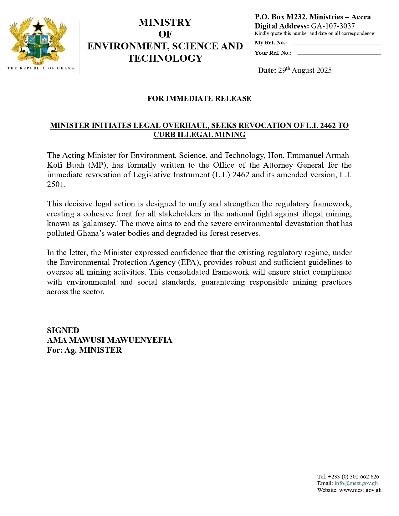 Press Release – Request to Revoke LI 2462