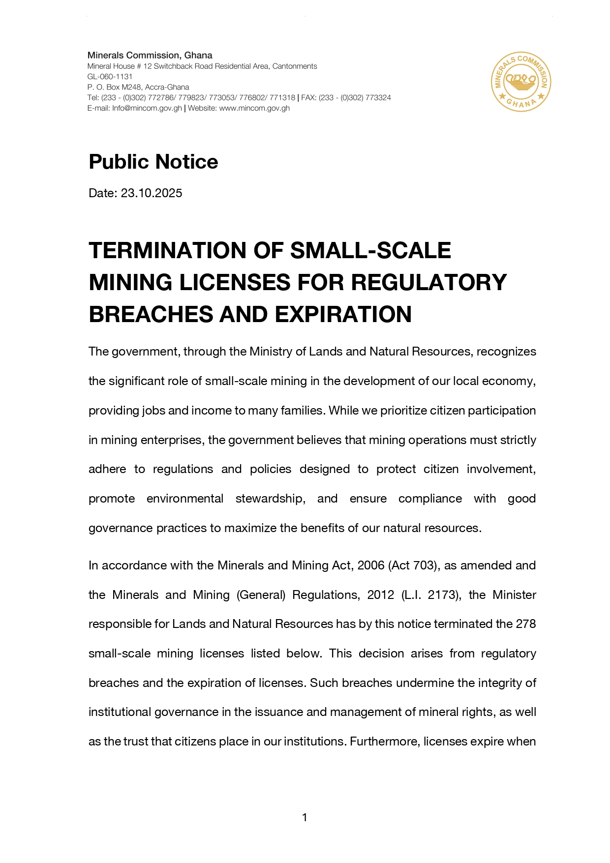 TERMINATION OF SMALL-SCALEMINING LICENSES FOR REGULATORYBREACHES AND EXPIRATION