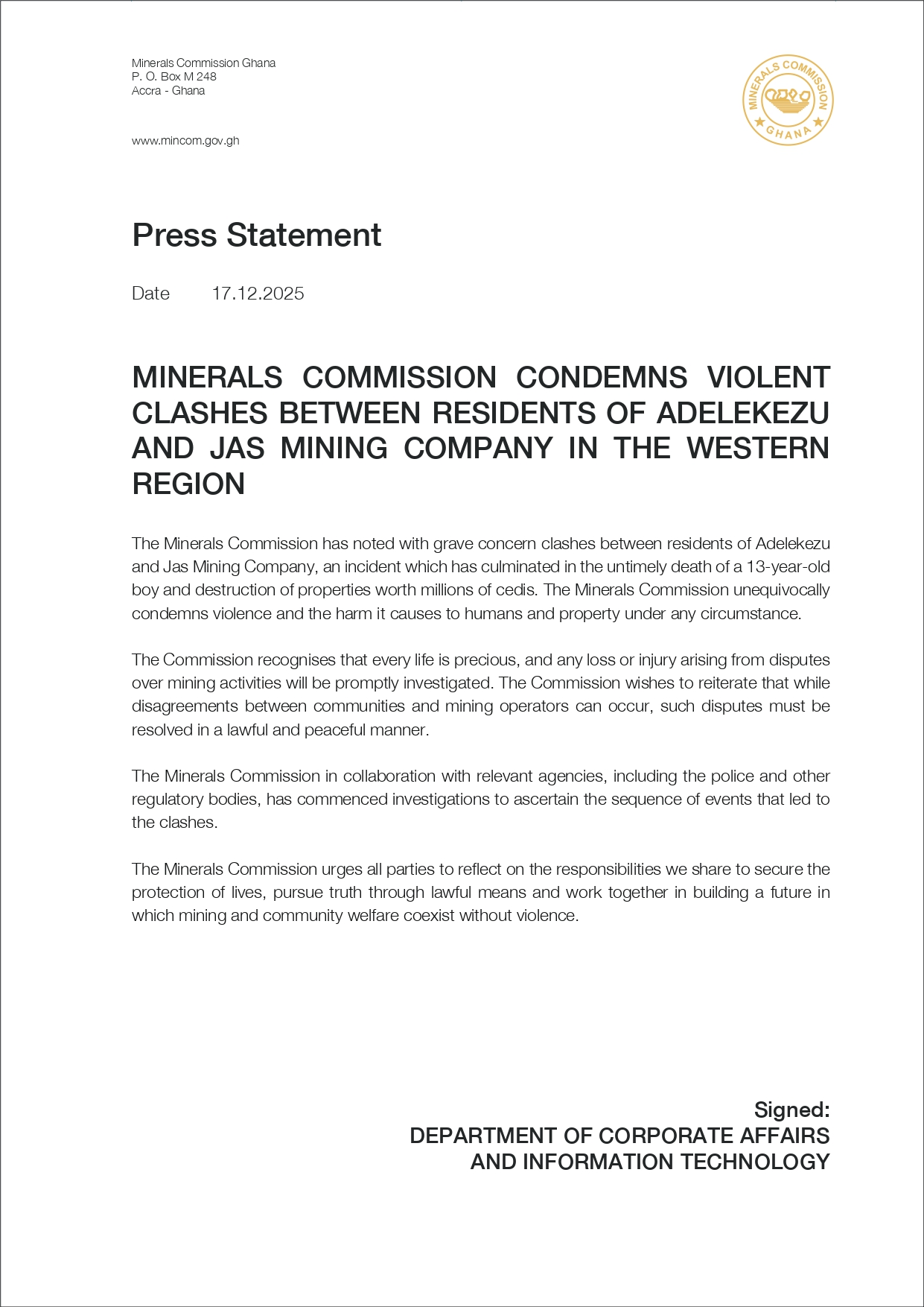 Minerals Commission Condemns Violent Clashes Between Residents of Adelekezu And Jas Mining Company In the Western Region